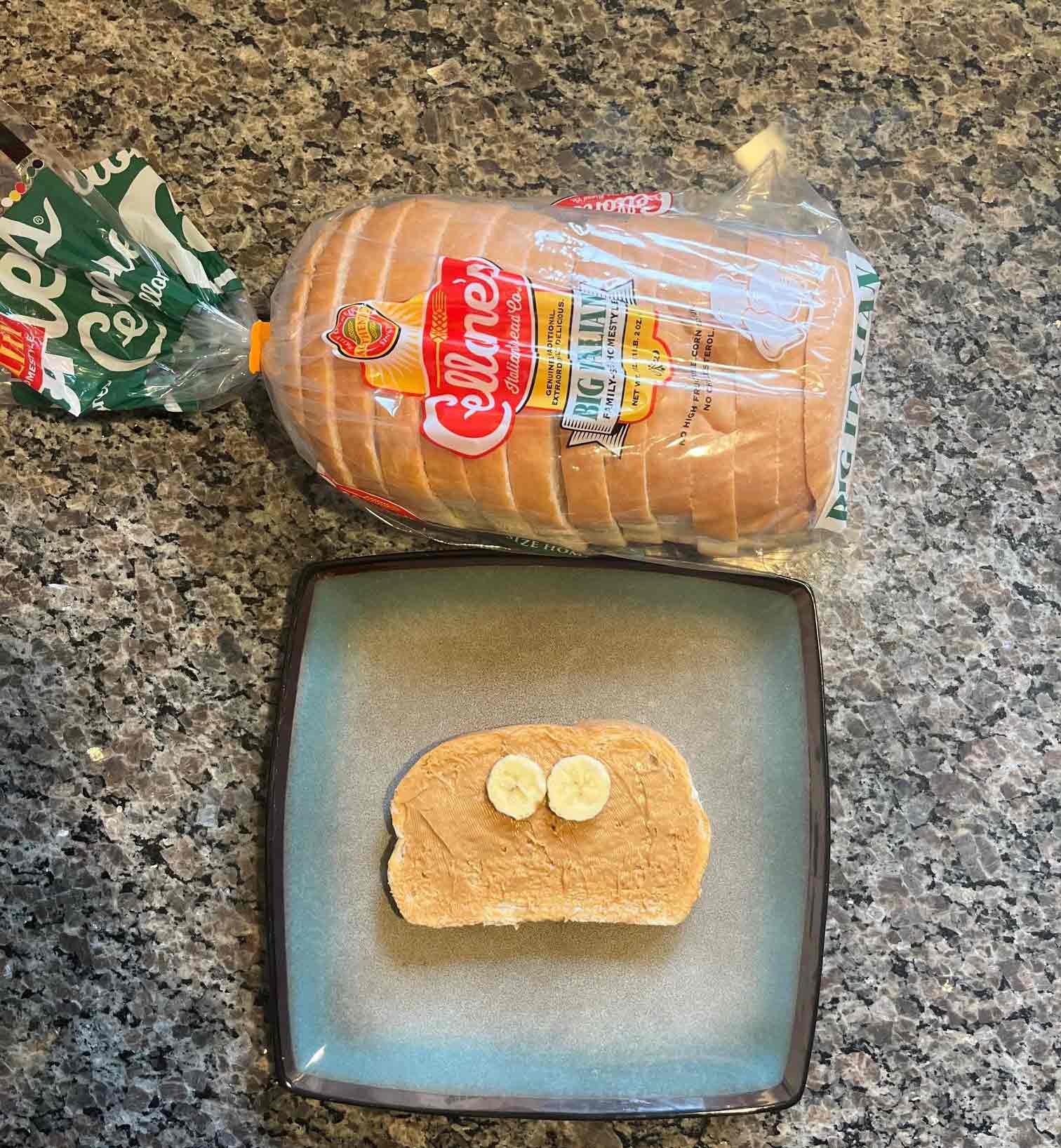 Bread with two banana wheels on it