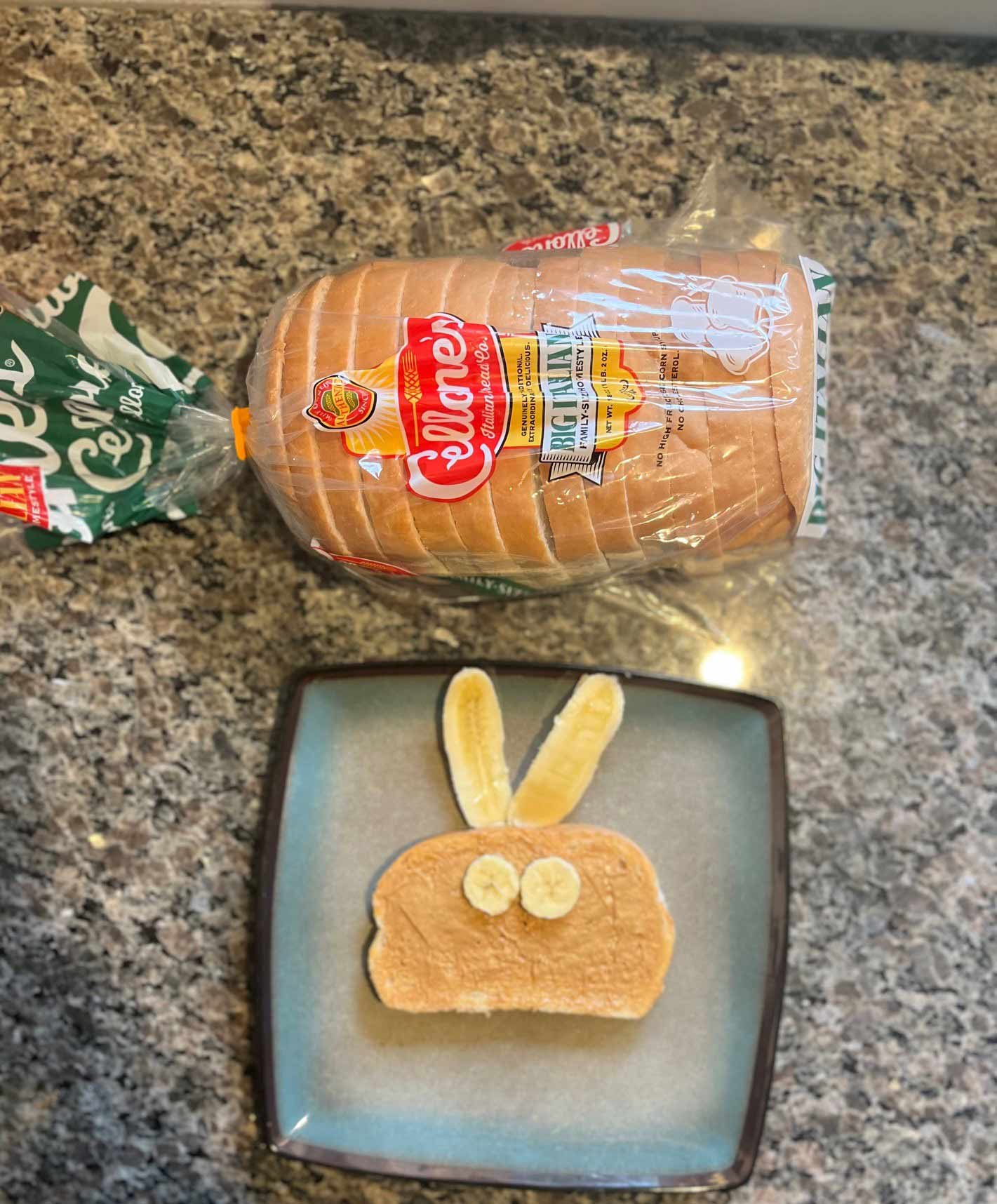 Bread with two banana wheels and bunny ears